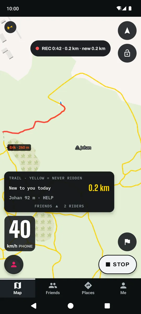 Trail map while recording: Erik 260 m away at the edge of the map, Johan calling for help 92 m away, 0.2 km new to you today