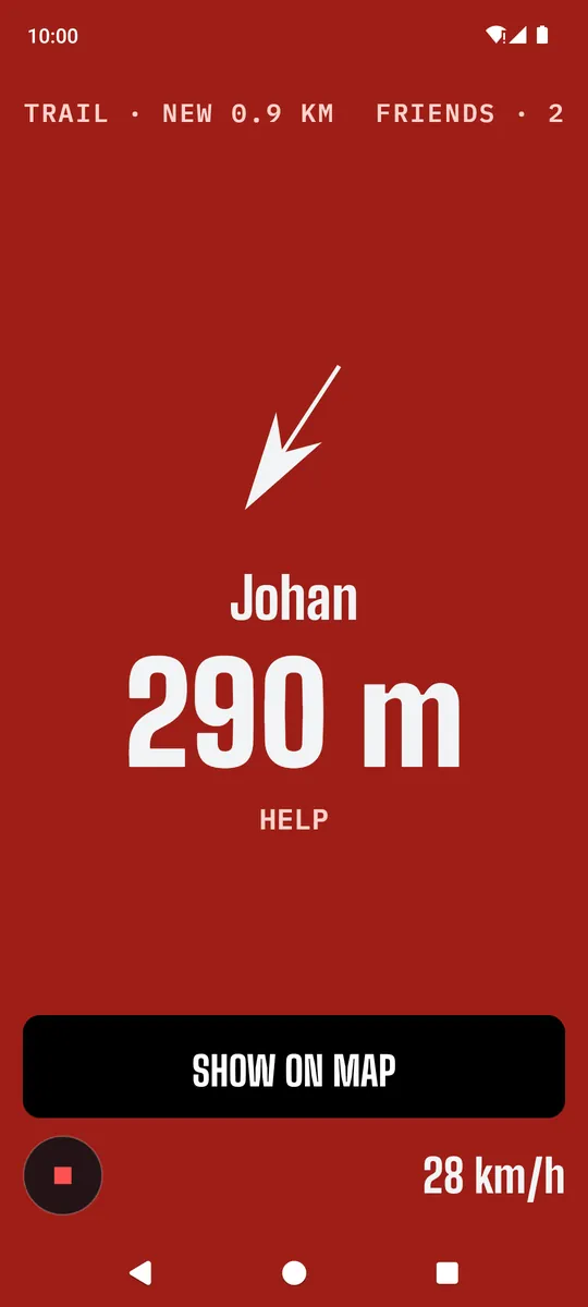 Help alarm on a friend's phone: red screen, Johan needs help, 290 m away, Show on map