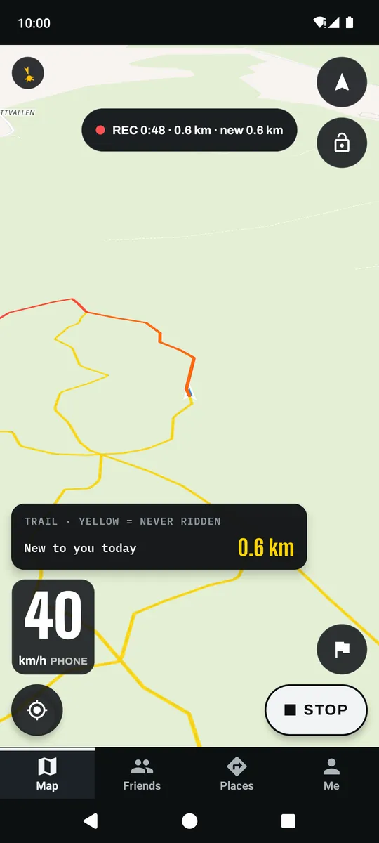 Trail map while recording at 40 km/h: never-ridden trails in yellow and 0.6 km new to you today