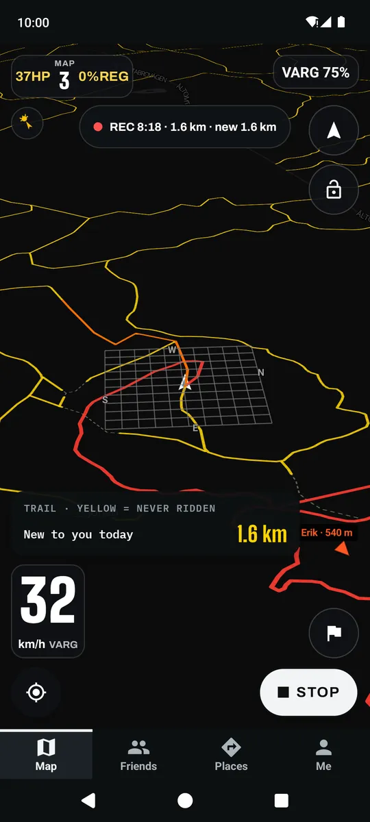 Trail map with a Stark Varg connected: 37 hp, power map 3, regen and 75% battery, speed from the bike