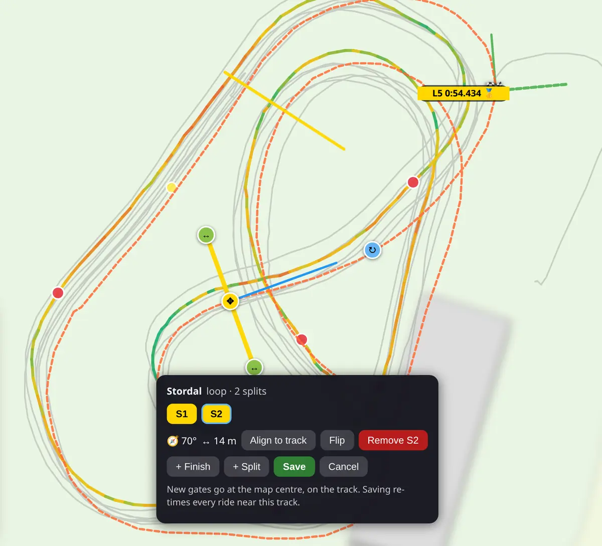Gate editor on the web: a split gate placed across the track, with Finish, Split and Save buttons